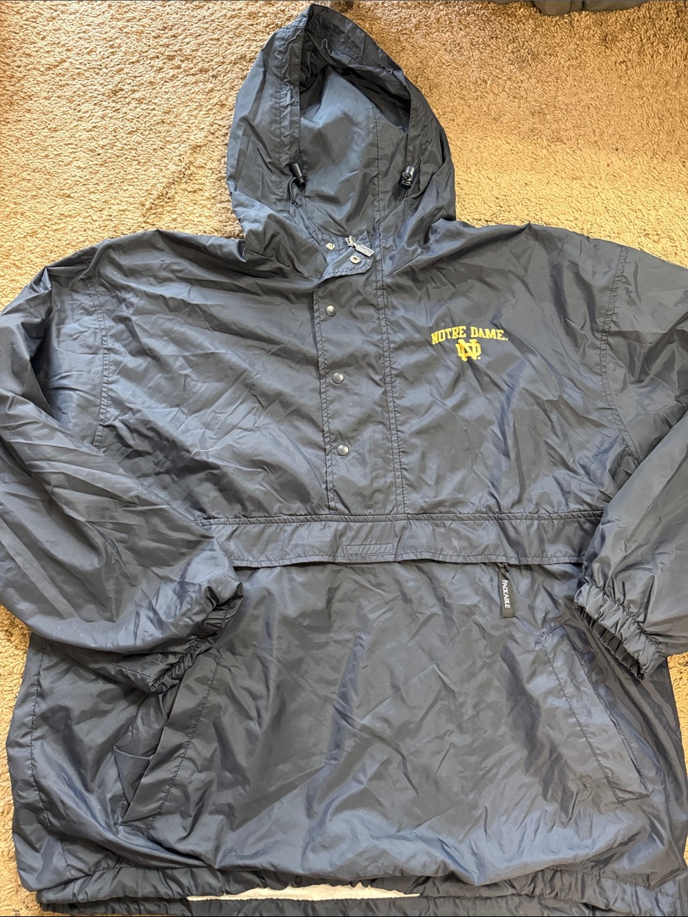 Vintage 1990’s Notre Dame University Men's Large Navy Hooded Fleeceline Raincoat